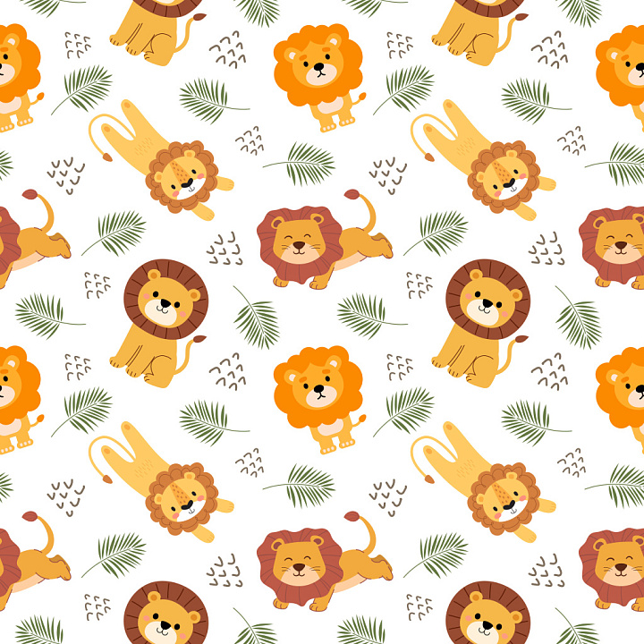 Pattern Featuring Playful Cartoon Lions and Tropical Leaves seamless PBR texture preview