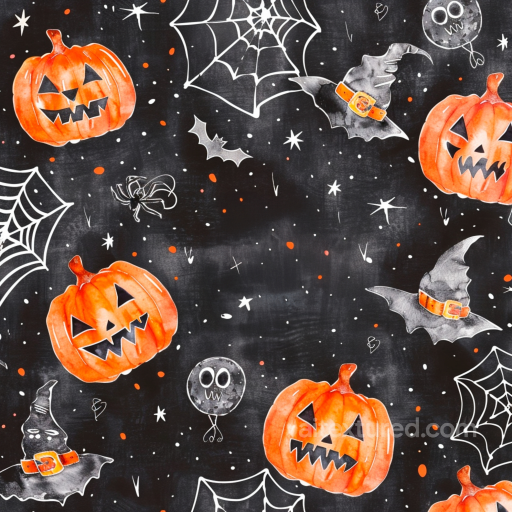 Watercolor Halloween Fabric Texture with Pumpkins & Spooky Motifs seamless Watercolor Halloween PBR texture