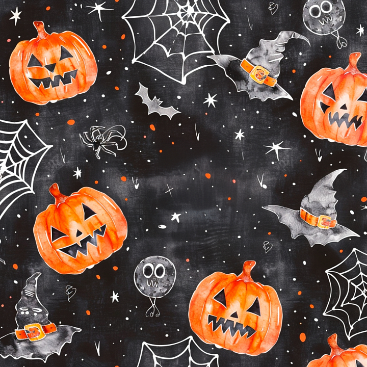 Watercolor Halloween Fabric with Pumpkins & Spooky Motifs seamless PBR texture preview