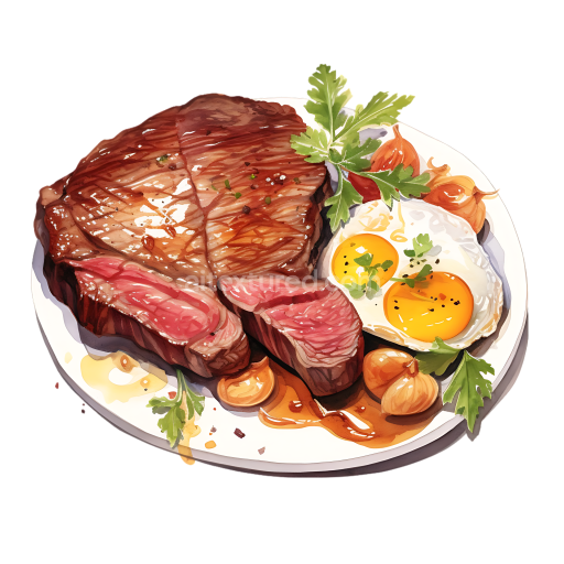 Breakfast Plate with Ribeye Beef Steak, Fried Eggs, and Herbs Illustration