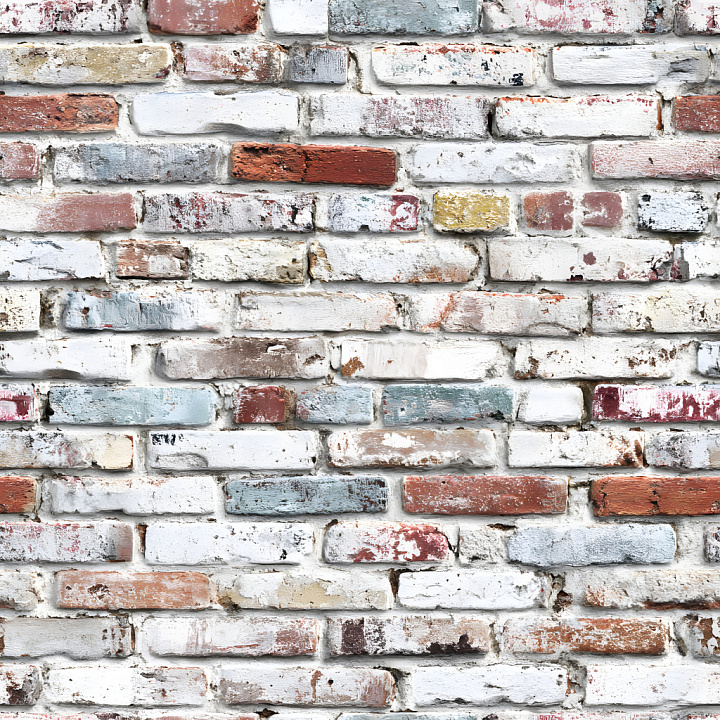 Cracked and Painted Brick Wall with Multicolor Weathered Finish seamless PBR texture preview