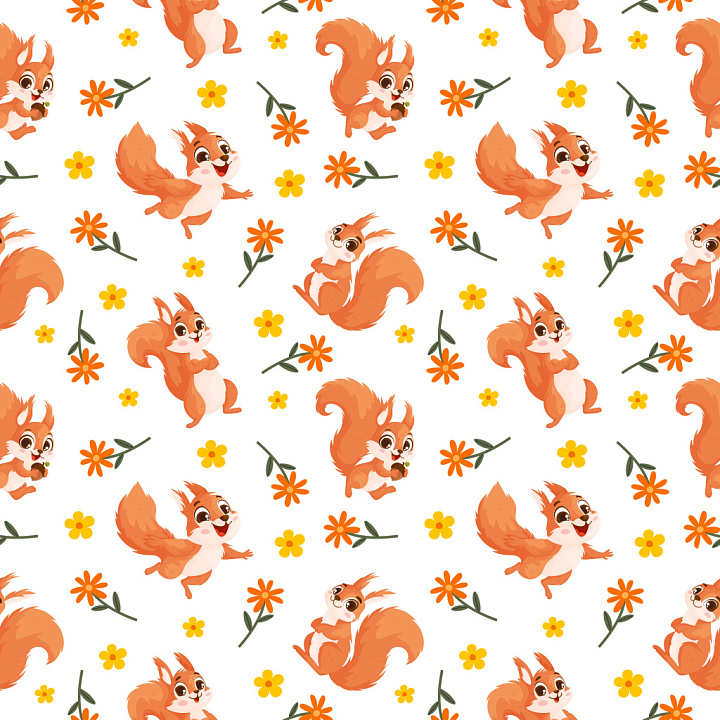 Pattern Featuring Playful Squirrel Motifs and Bright Floral Accents seamless PBR texture preview