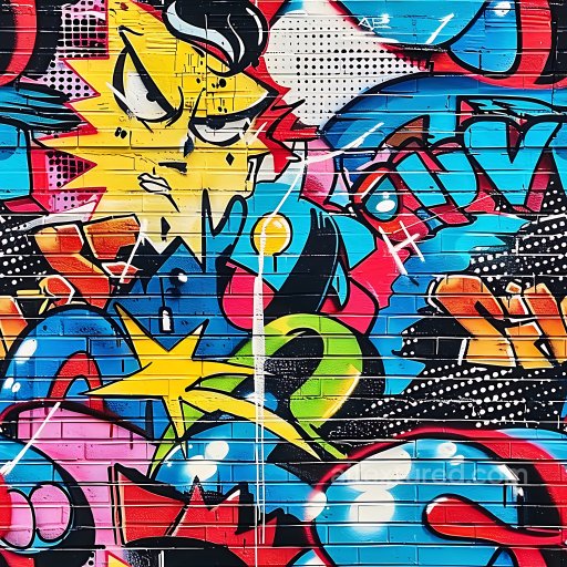 Seamless 3D PBR Graffiti Texture Featuring Colorful Cartoon Character and Dynamic Urban A… texture preview