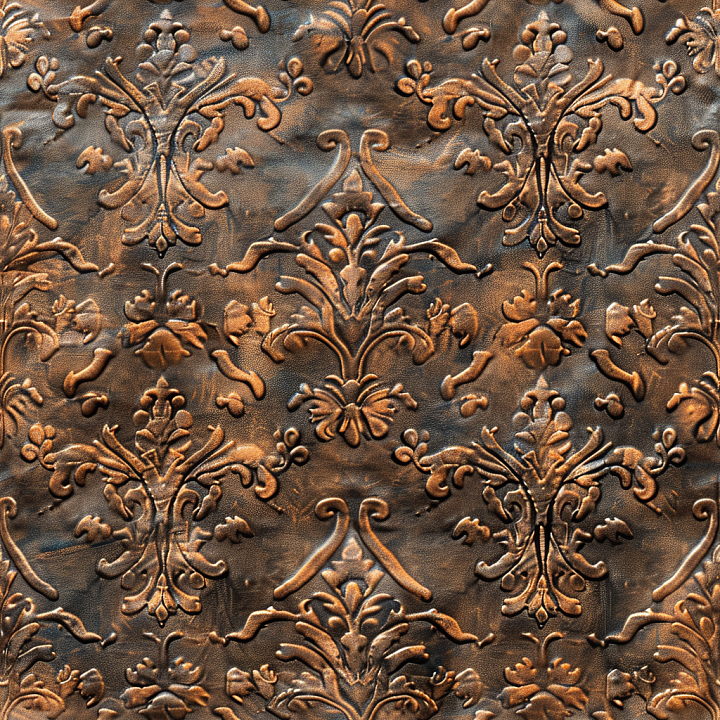 Embossed Vintage Brown Leather with Ornate Floral Pattern seamless PBR texture preview