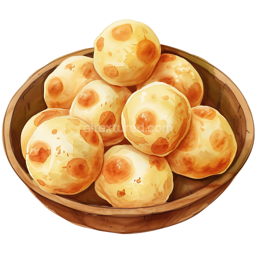 Breakfast Illustration of Brazilian Pão de Queijo Cheese Bread in Wooden Bowl