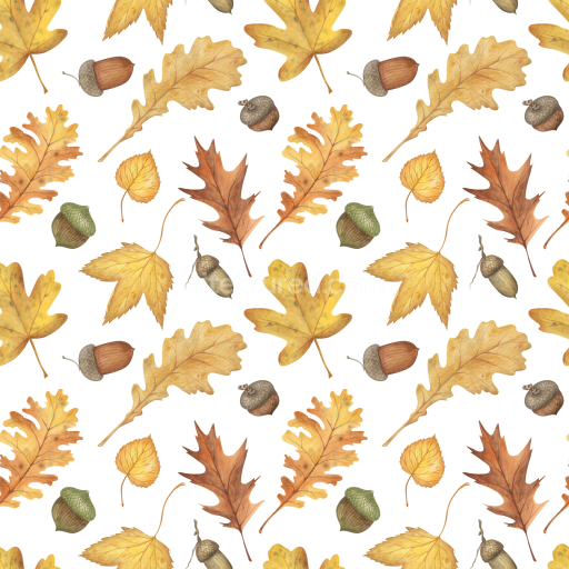 Seamless 3D PBR Texture Featuring Detailed Autumn Leaves and Acorns Pattern