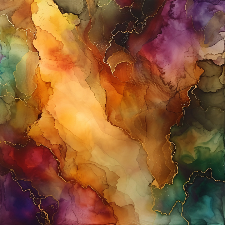 Alcohol Ink Featuring Warm Amber Veins and Deep Jewel Tones seamless PBR texture preview