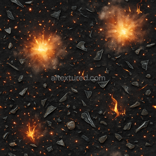 Seamless 8k PBR 3d texture showing fire embers with blackened ground and detonation flash effects
