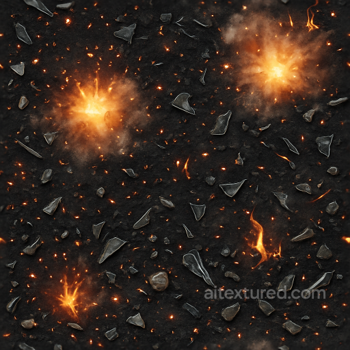 Seamless 8K PBR 3D texture showing fire embers with blackened ground and detonation flash… seamless Explosion PBR texture
