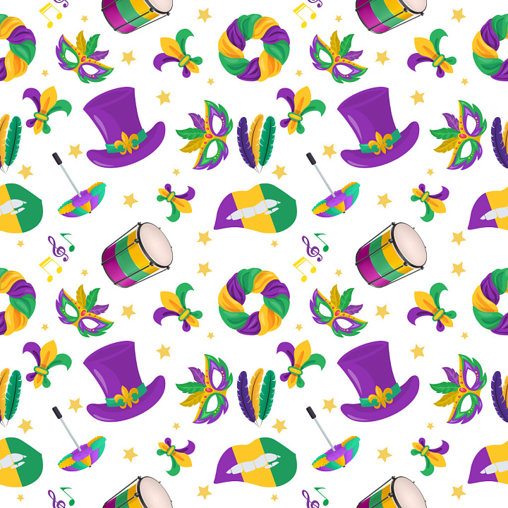 Mardi Gras Party Pattern with Colorful Festive Icons seamless PBR texture preview