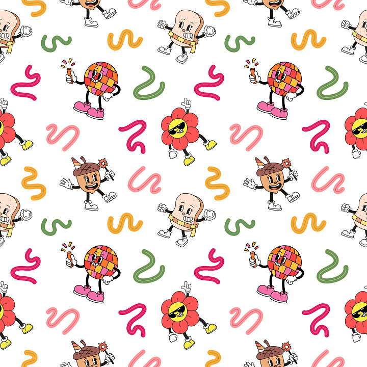 Pattern Featuring Playful Cartoon Characters and Colorful Squiggles seamless PBR texture preview