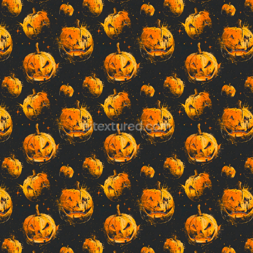 Seamless 3D PBR Vintage Halloween Pumpkin Pattern Texture with Spooky Carved Jack-O'-Lanterns
