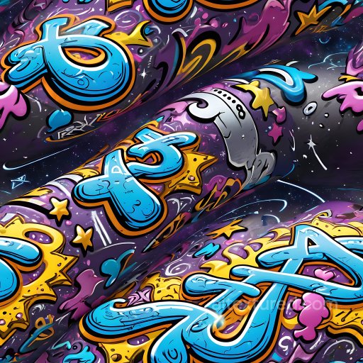 Seamless 3D PBR Graffiti Texture Featuring Bold Blue Letters and Cosmic Elements texture preview