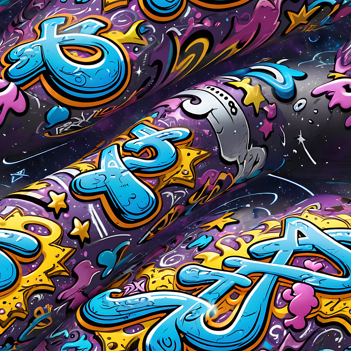 Graffiti Featuring Bold Blue Letters and Cosmic Elements seamless PBR texture preview