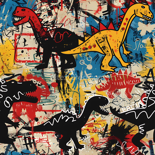 Seamless 3D PBR Graffiti Texture Featuring Colorful Dinosaur Street Art
