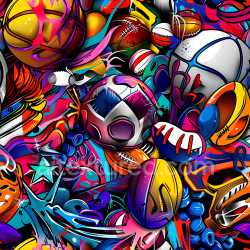 seamless Seamless 3D PBR Texture of Vibrant Sports Graffiti with Balls and Urban Tags texture 8k free download PBR
