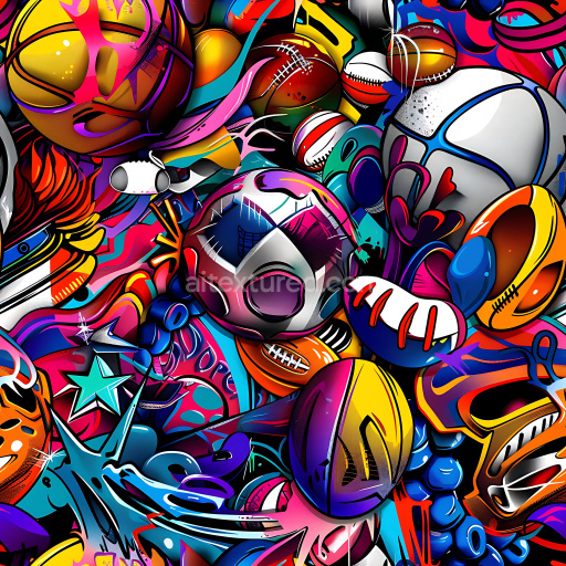 Seamless 3D PBR Texture of Vibrant Sports Graffiti with Balls and Urban Tags