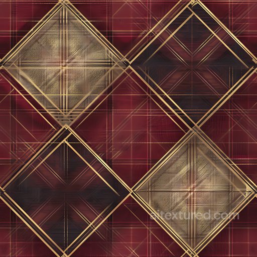 Seamless 3D PBR Plaid Texture Featuring Burgundy, Gold & Black Diamond Patterns texture preview