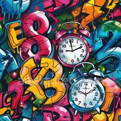 seamless Seamless 3D PBR Graffiti Texture Featuring Colorful Numbers and Vintage Alarm Clocks texture 8k free download PBR
