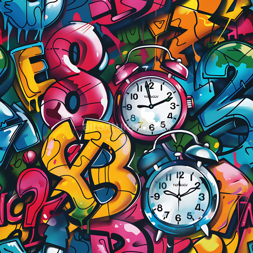 Seamless 3D PBR Graffiti Texture Featuring Colorful Numbers and Vintage Alarm Clocks