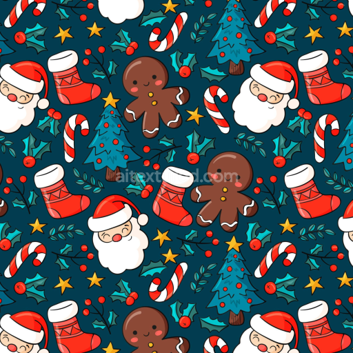 Seamless 3D PBR Christmas digital paper texture with Santa, gingerbread, and holiday icons