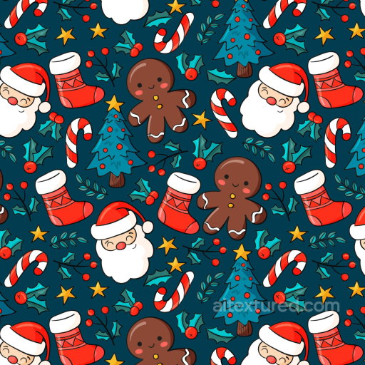 Christmas Digital Paper Texture With Santa, Gingerbread, And Holiday Icons seamless All Christmas Digital paper PBR texture