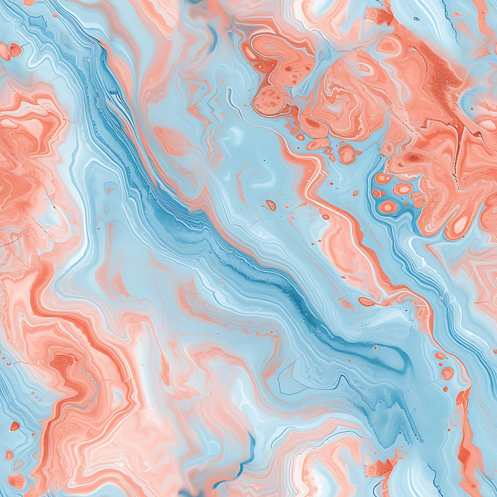 Baby Blue and Coral Marble with Fluid Swirls and Pastel Veins seamless PBR texture preview