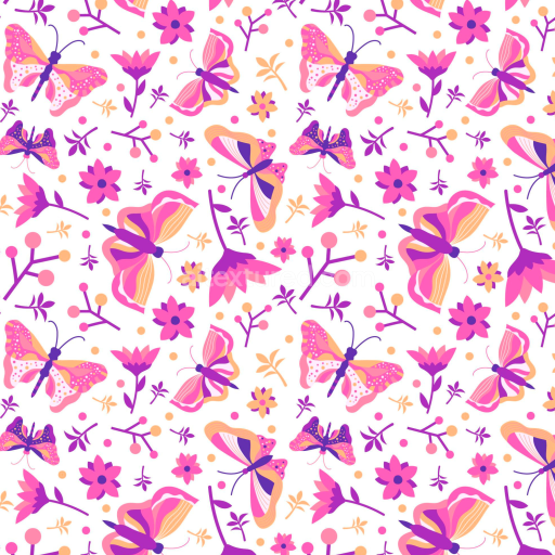 Seamless 3D PBR Fabric Texture Featuring Pink and Purple Watercolor Butterflies and Floral Patterns