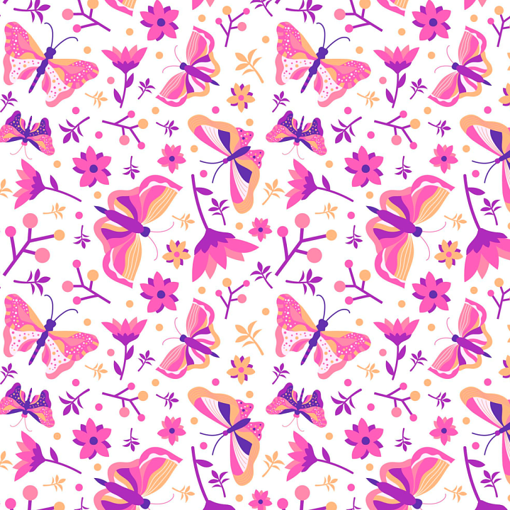 Fabric Featuring Pink and Purple Watercolor Butterflies and Floral Patt… seamless PBR texture preview
