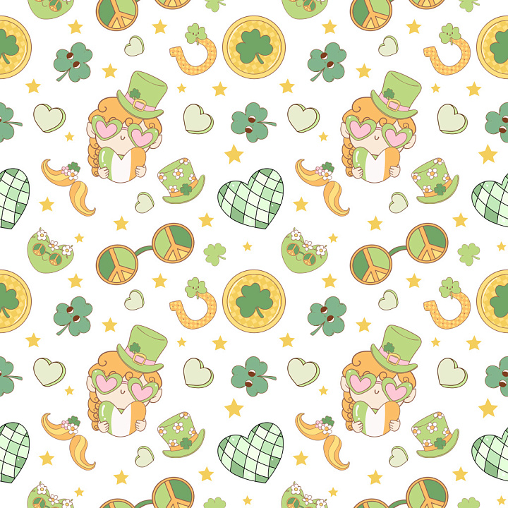 Pattern Featuring Cute St Patrick's Day Cartoon Motifs seamless PBR texture preview