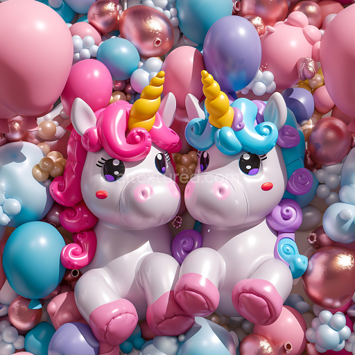Seamless 3D Inflated PBR Texture of Glossy Colorful Inflatable Unicorns with Balloons