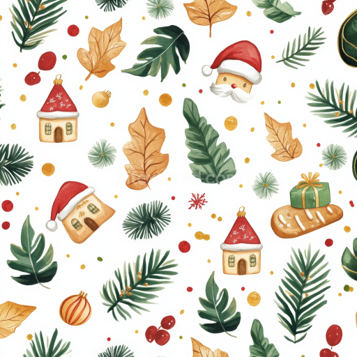 Seamless 3D PBR Watercolor Christmas Pattern Texture with Holiday Motifs