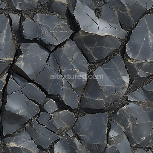 Seamless 3D Cracked Dark Stone Ground PBR Texture with Glossy Fractured Surfaces