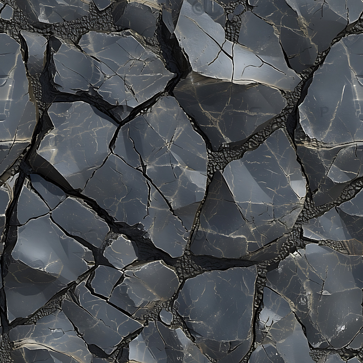 Cracked Dark Stone Ground with Glossy Fractured Surfaces seamless PBR texture preview