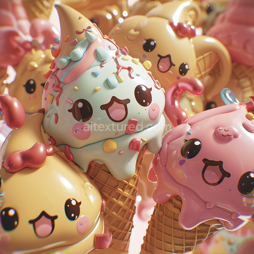 Preview — Seamless 3D Inflated PBR Texture Featuring Colorful Kawaii Ice Cream Cones