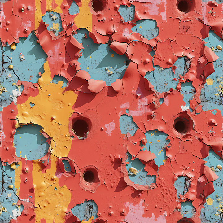 Cracked & Holes of Colorful Cracked and Holed Painted Metal Surface seamless PBR texture preview