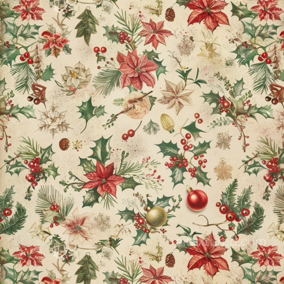 Christmas Digital Paper Texture with Poinsettias and Holly All Christmas Digital paper texture preview