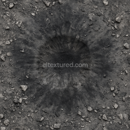 Seamless 3d texture showing explosive blast crater with scorched earth and rubble details in 8k pbr quality