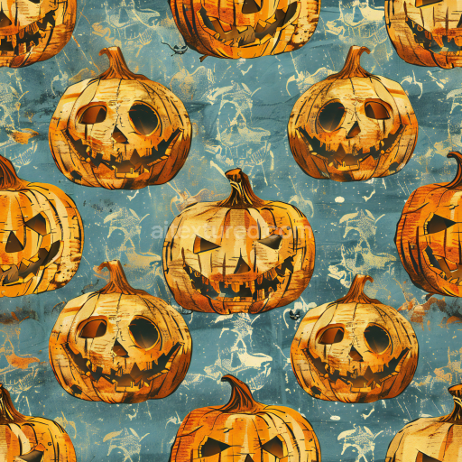 Seamless 3D PBR Vintage Halloween Fabric Texture with Distressed Carved Pumpkins