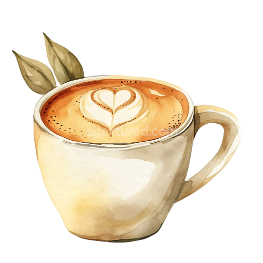 Watercolor Style Chai Latte Coffee Cup with Latte Art and Leaves Breakfast Graphic