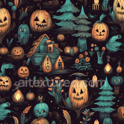 seamless Seamless 3D PBR texture with vintage Halloween cartoon pumpkins and spooky woodland texture 8k free download PBR