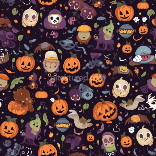Seamless 3D PBR Watercolor Halloween Pattern Texture with Pumpkin and Spooky Motifs