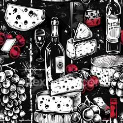 seamless Seamless 3D PBR Graffiti Texture Featuring Wine Bottles, Cheese, and Grapes in Black & White with Red Accents texture 8k free download PBR