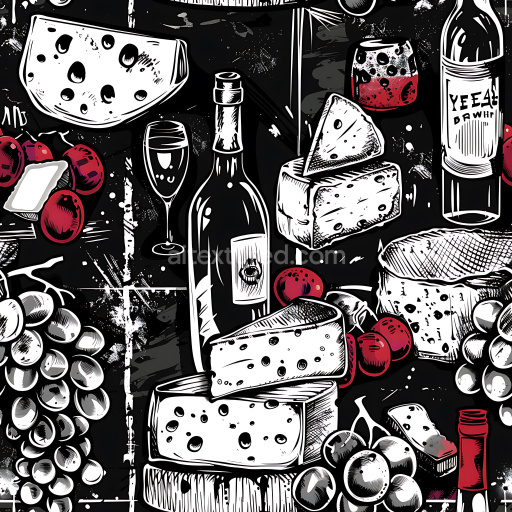 Seamless 3D PBR Graffiti Texture Featuring Wine Bottles, Cheese, and Grapes in Black & White with Red Accents