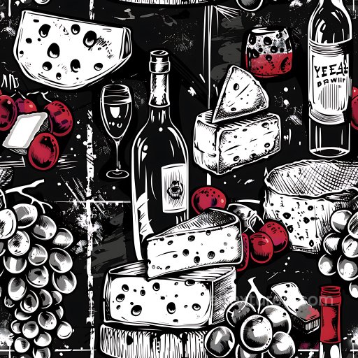 Seamless 3D PBR Graffiti Texture Featuring Wine Bottles, Cheese, and Grapes in Black & Wh… texture preview