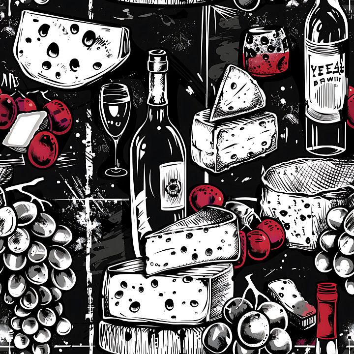 Graffiti Featuring Wine Bottles, Cheese, and Grapes in Black & White wi… seamless PBR texture preview