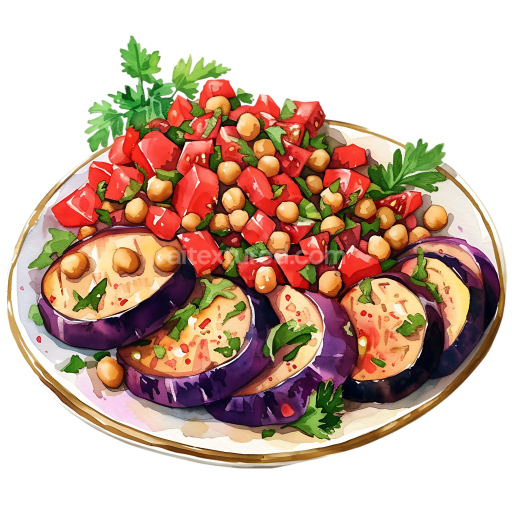 Breakfast Platter with Sliced Eggplant and Chickpea Salsa Illustration
