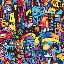 seamless Seamless 3D PBR Texture Featuring Vibrant Urban Graffiti Street Art with Abstract Characters and Bold Colors texture 8k free download PBR