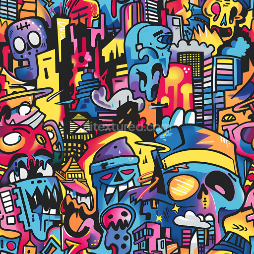 Seamless 3D PBR Texture Featuring Vibrant Urban Graffiti Street Art with Abstract Characters and Bold Colors