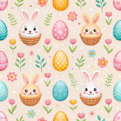 seamless Seamless 3D PBR Texture of Cute Easter Eggs and Bunny in Basket with Floral Elements texture 8k free download PBR